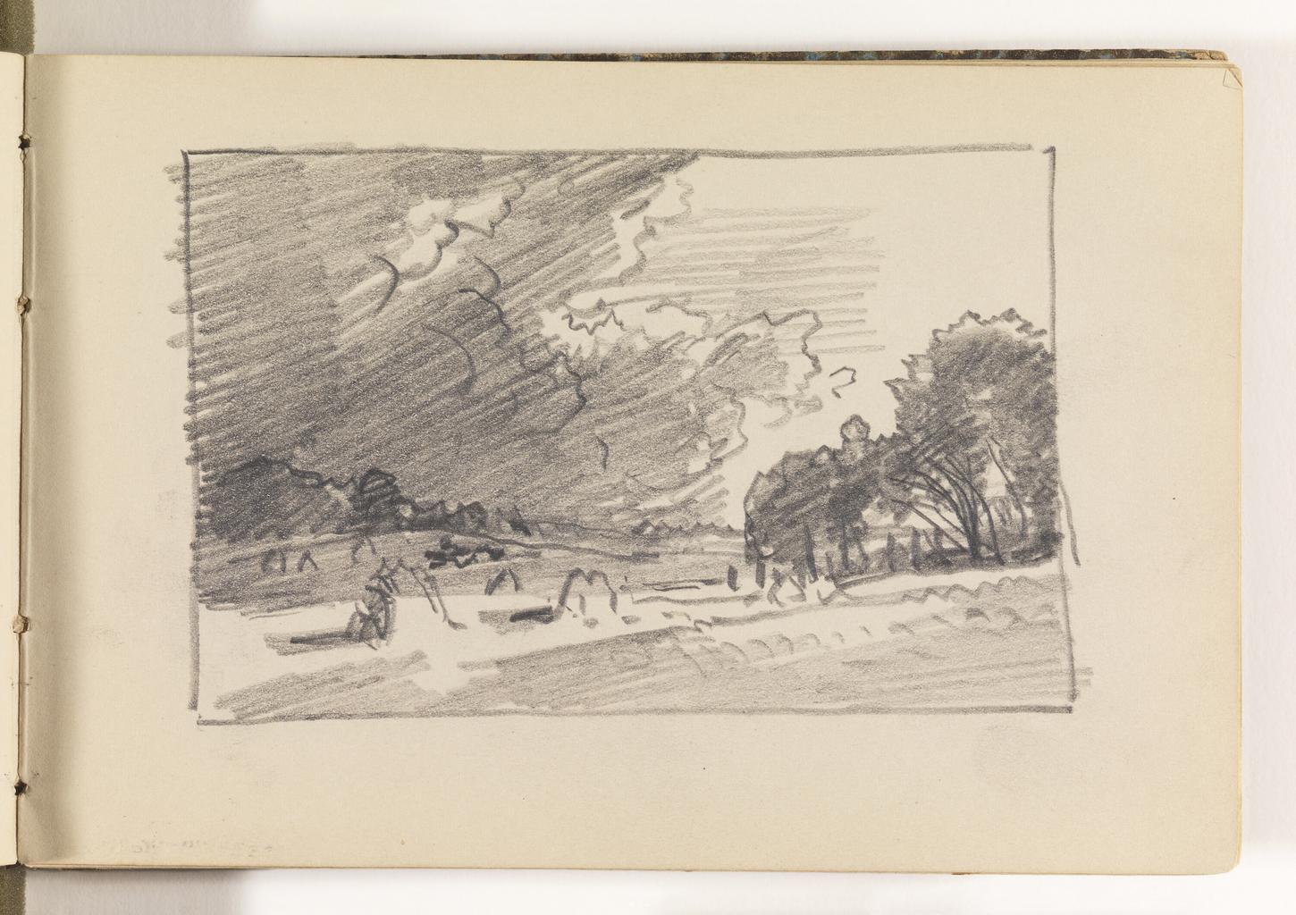 Countryside with Trees, Haystacks, and Dramatic Clouds