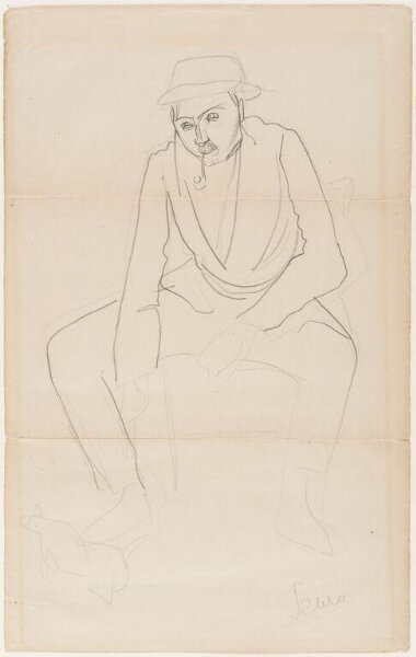 Portrait of Wyndham Lewis, seated with pipe and cat
