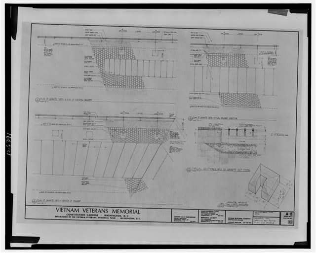 Vietnam Veterans Memorial, Constitution Gardens, established by the Vietnam Veterans Memorial Fund, Washington, D.C. Memorial wall - granite set paving plan and details.